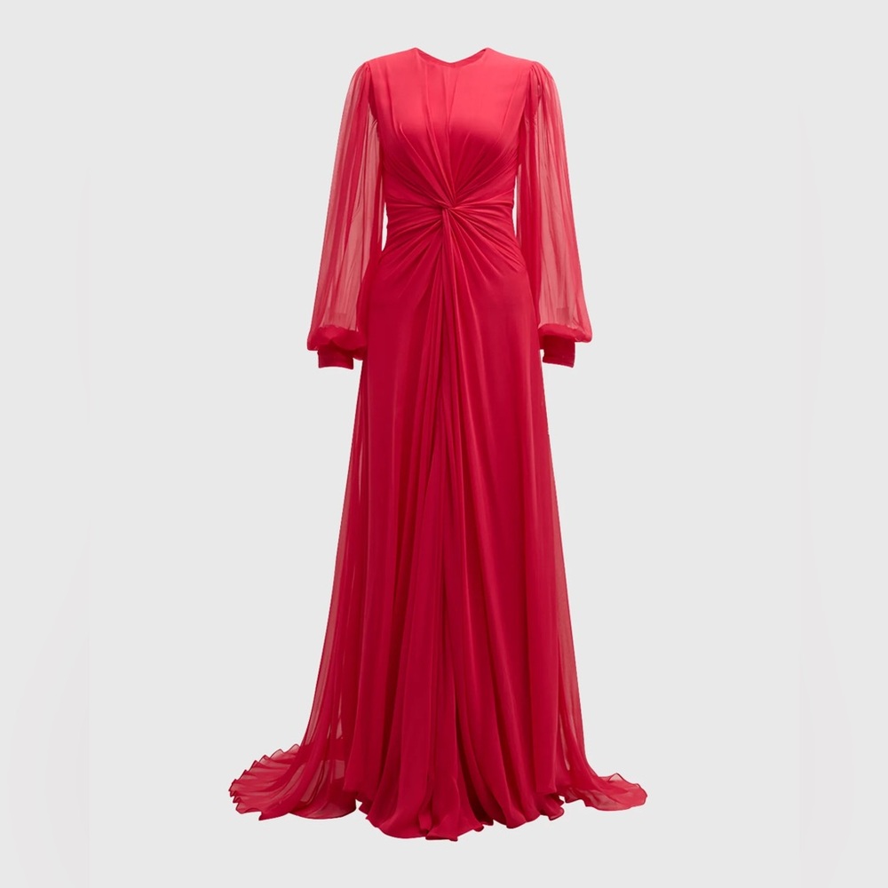 Monique Lhuillier Twisted Long-Sleeve Silk Gown Maxi Dress